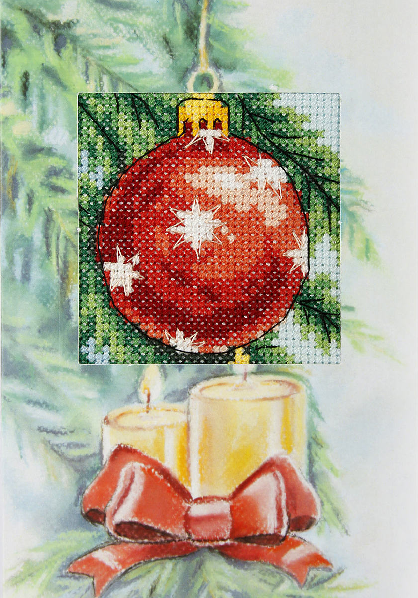 Cross stitch greetings card showing a red Christmas bauble