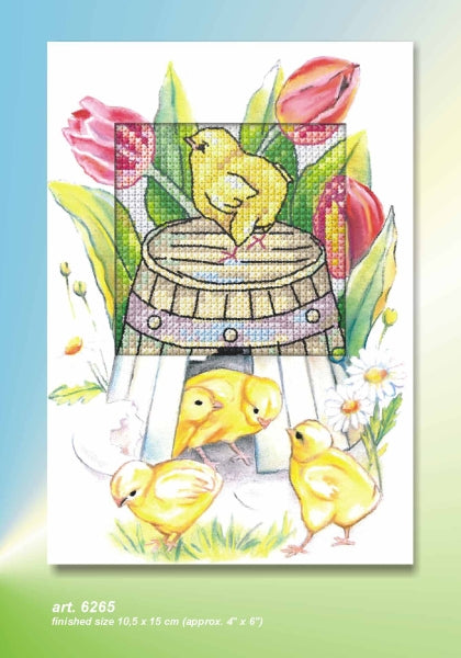 Cross stitch greetings card showing an Easter chick