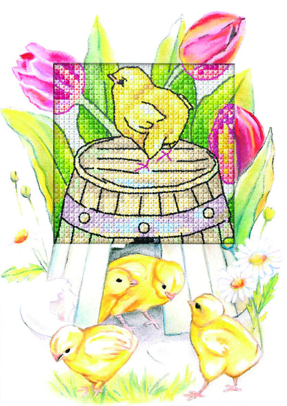 Cross stitch greetings card showing an Easter chick