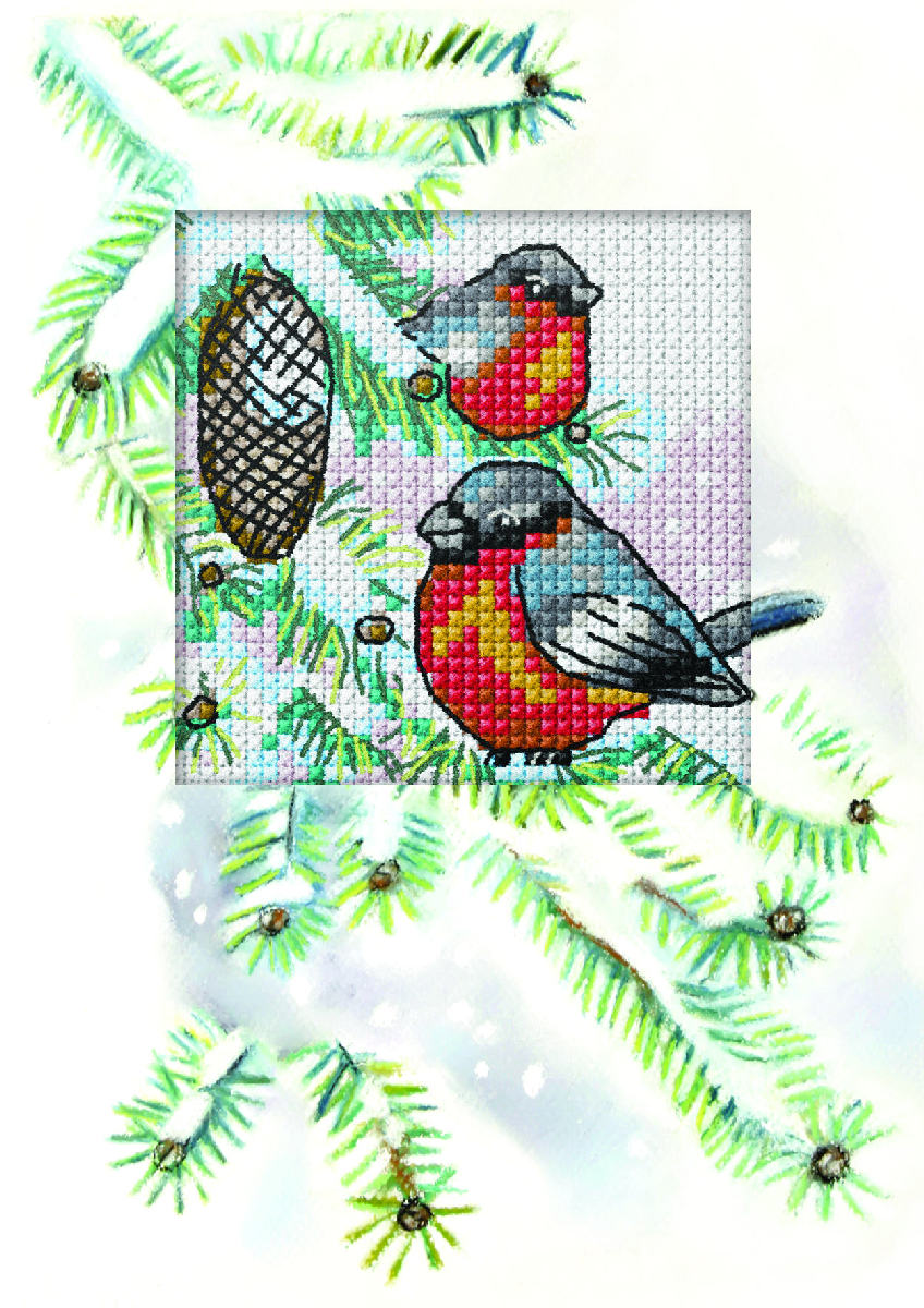 Cross stitch greetings card showing two bullfinches beside a pine cone on a snowy branch