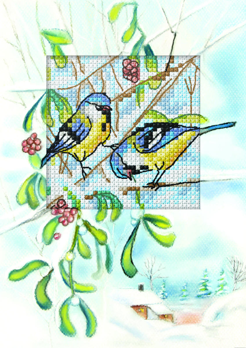 Cross stitch greetings card showing two blue tits on a branch with mistletoe