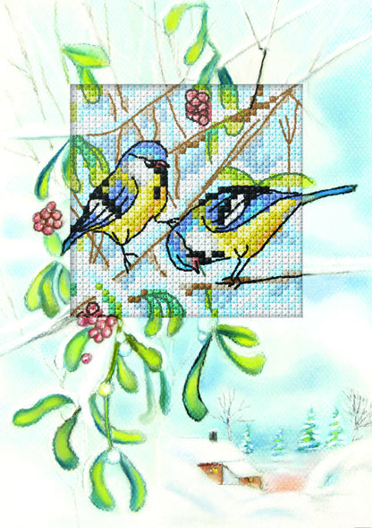 Cross stitch greetings card showing two blue tits on a branch with mistletoe