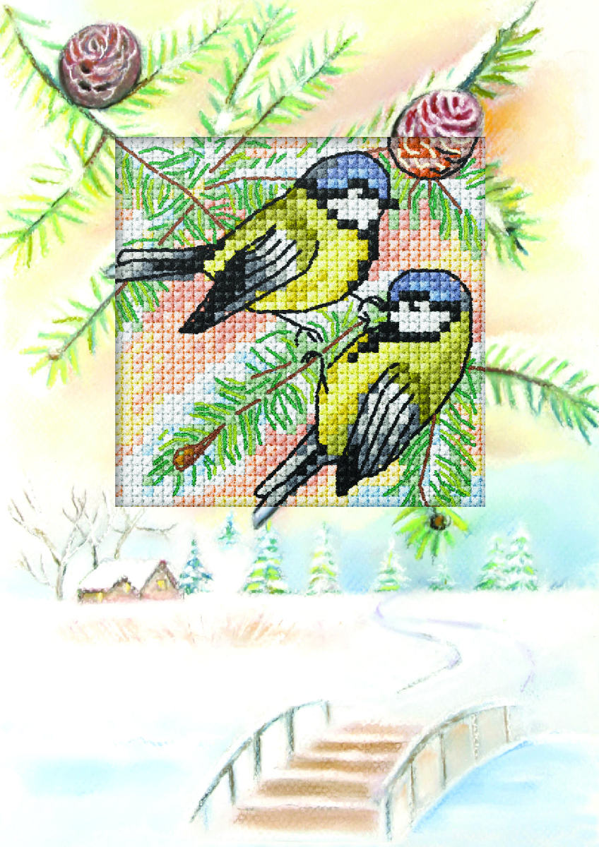 Cross stitch greetings card showing two blue tits on a fir branch