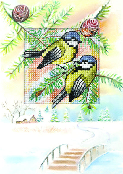 Cross stitch greetings card showing two blue tits on a fir branch
