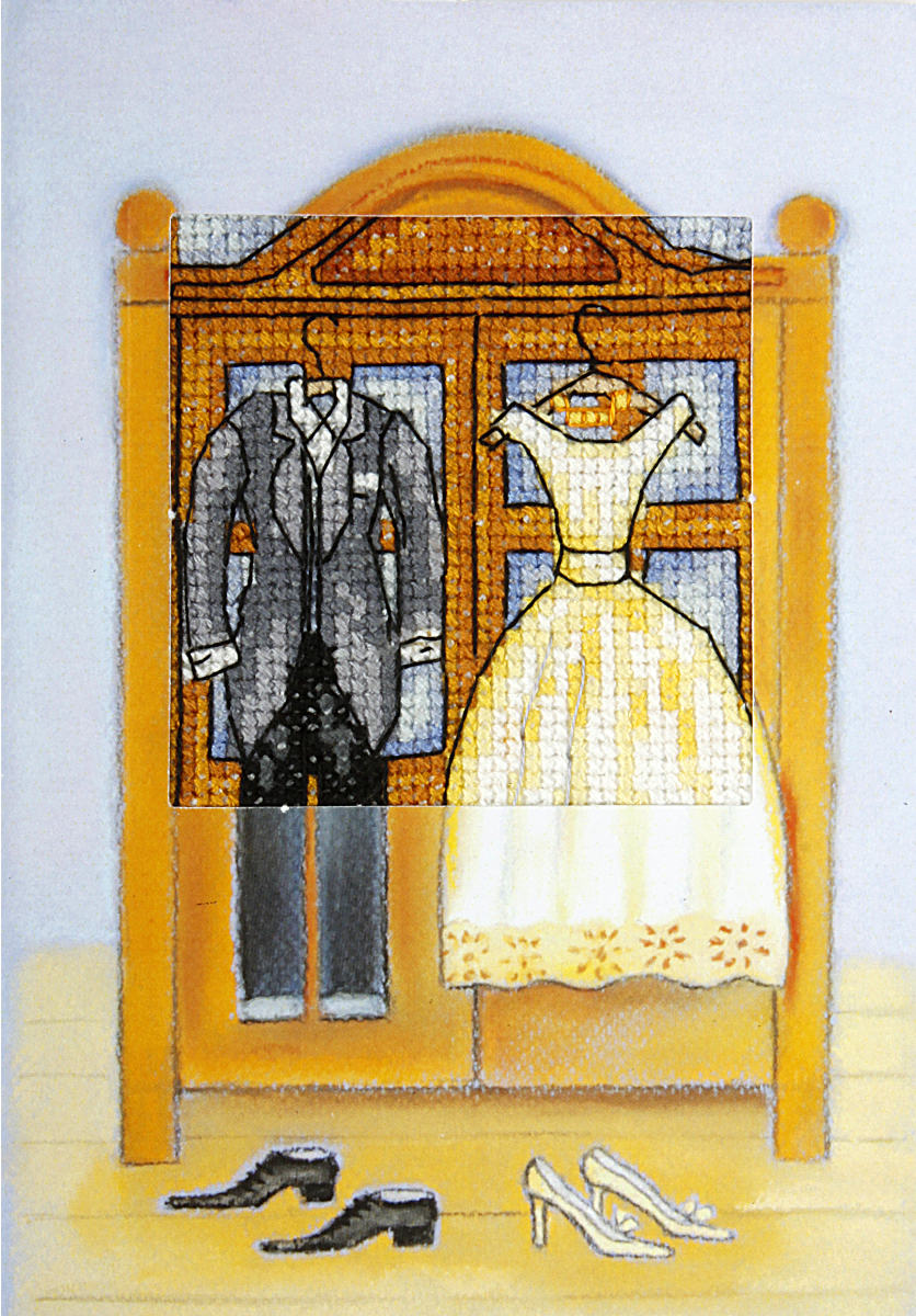 Cross stitch greetings card showing a Just Married design