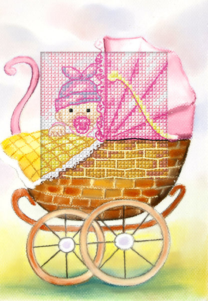 Cross stitch greetings card showing a Happy Birthday girl design