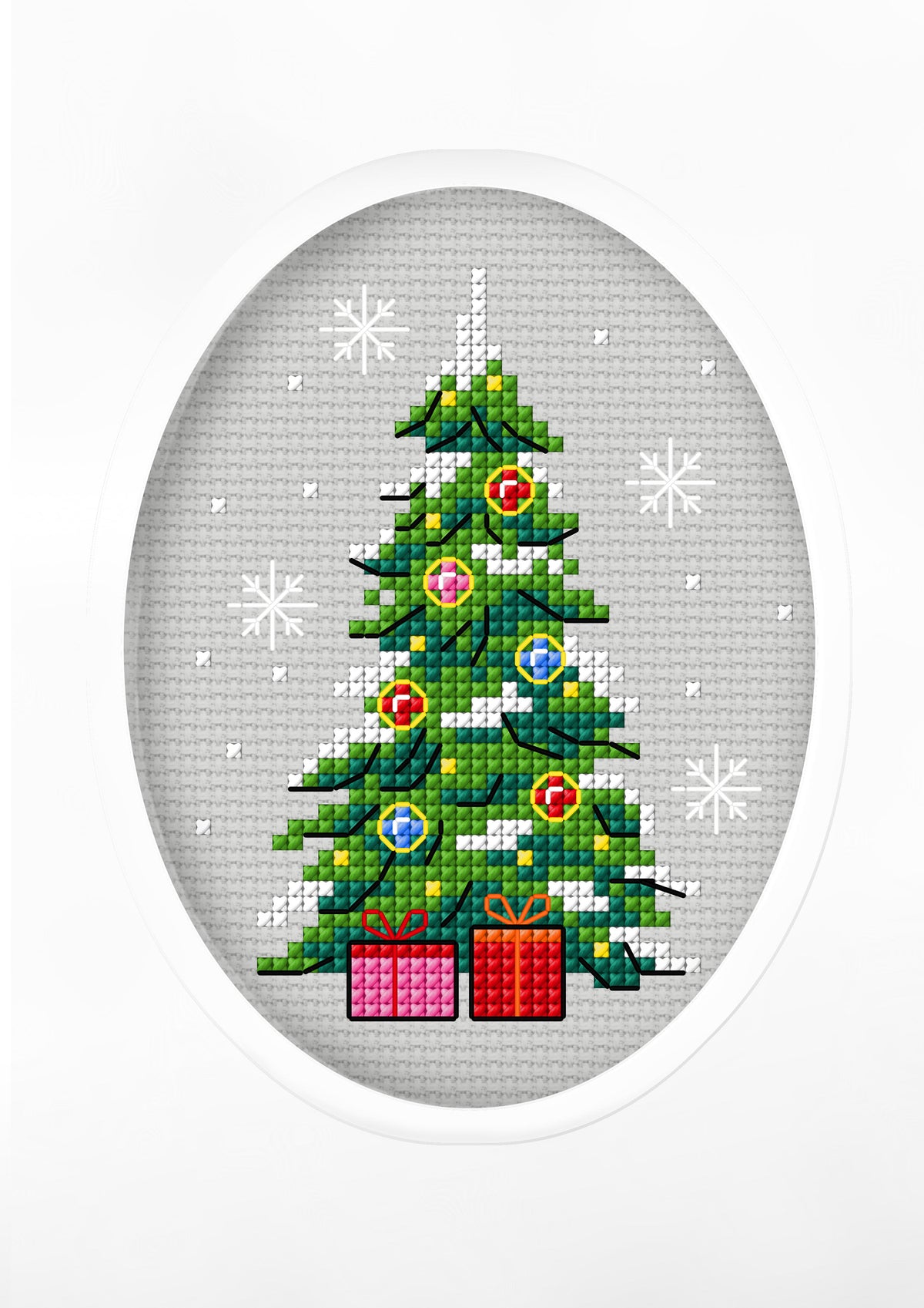 Cross stitch greetings card showing a decorated Christmas tree with presents in an oval frame