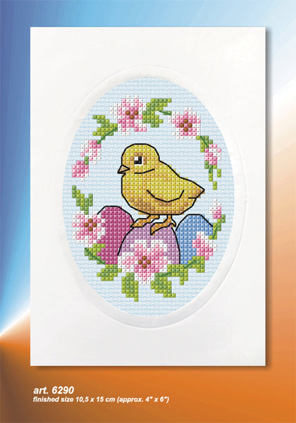 Cross stitch greetings card showing an Easter chick on light blue fabric