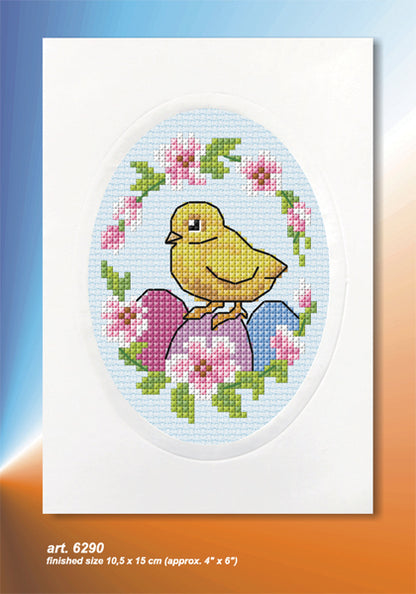 Cross stitch greetings card showing an Easter chick on light blue fabric
