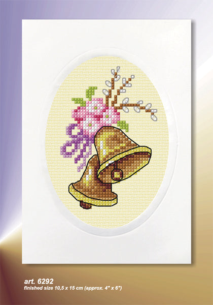 Cross stitch greetings card showing Easter bells on yellow fabric