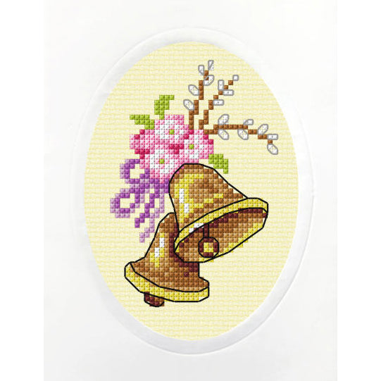 Cross stitch greetings card showing Easter bells on yellow fabric
