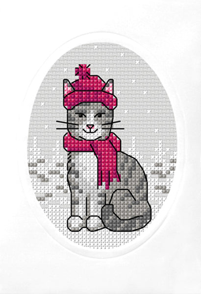 Orchidea cross stitch greetings card kit with a Cat in Scarf design
