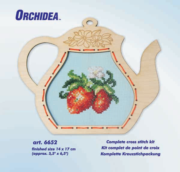 Orchidea cross stitch kit with a strawberries design in an engraved wooden teapot-shaped frame