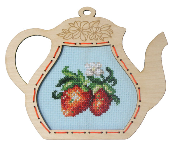 Orchidea cross stitch kit with a strawberries design in an engraved wooden teapot-shaped frame