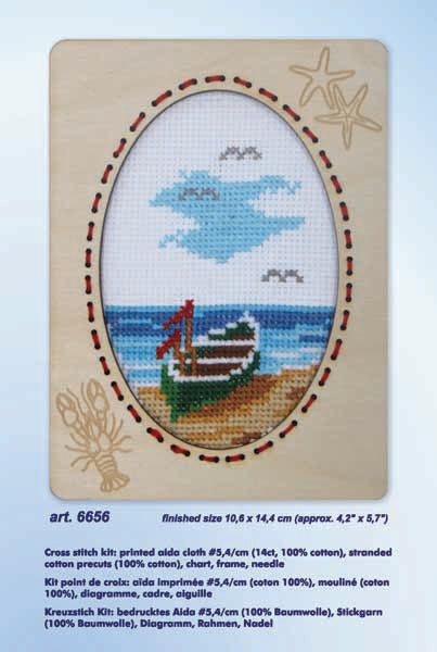 Orchidea cross stitch kit with a rowing boat design in an engraved wooden frame