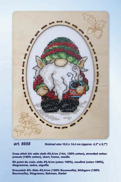Orchidea cross stitch kit with a gonk design in an engraved wooden frame