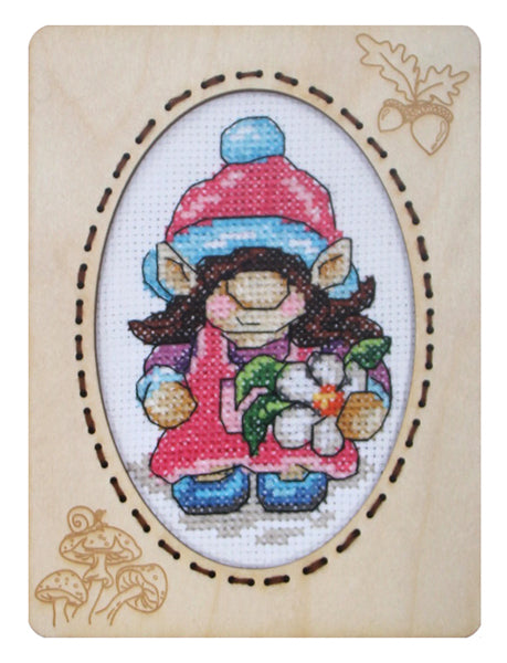 Orchidea Gonk 2 cross stitch kit in a plywood frame