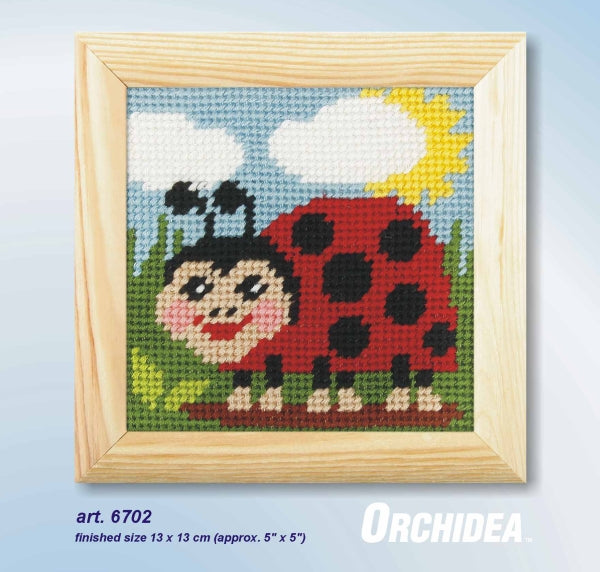 Orchidea mini needlepoint kit showing a ladybird design in a wooden frame