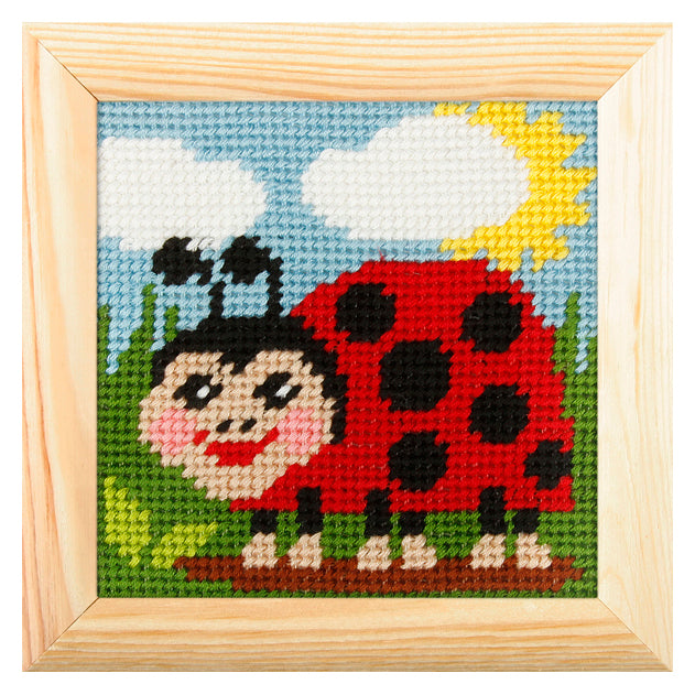 Orchidea mini needlepoint kit showing a ladybird design in a wooden frame
