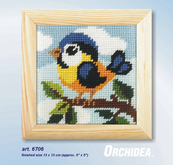 Orchidea mini needlepoint kit showing a birdie design in a wooden frame
