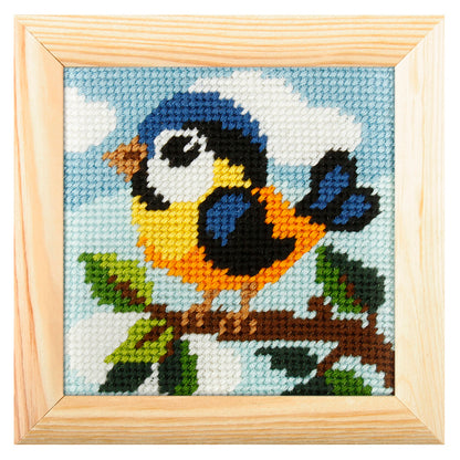 Orchidea mini needlepoint kit showing a birdie design in a wooden frame