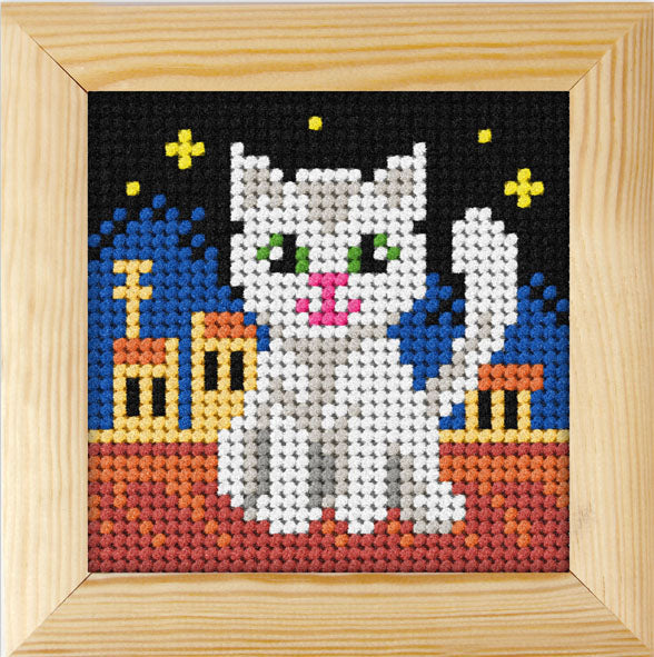 Orchidea needlepoint kit with a cat design in a wooden frame