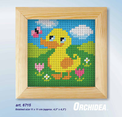 Orchidea needlepoint kit with a ducky design in a wooden frame