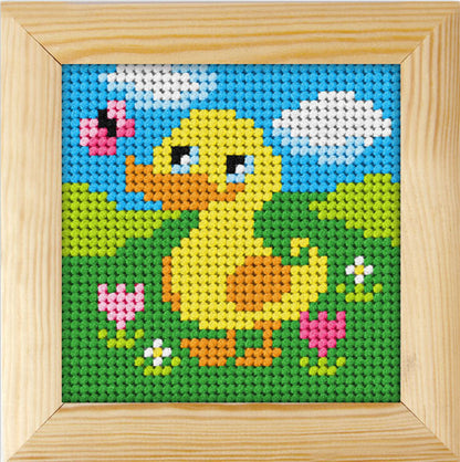 Orchidea needlepoint kit with a ducky design in a wooden frame