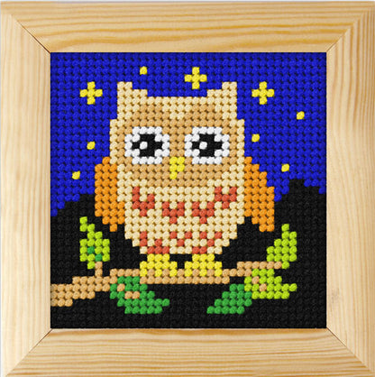 Orchidea needlepoint kit with a owl design in a wooden frame