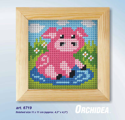 Orchidea needlepoint kit with a pig design in a wooden frame