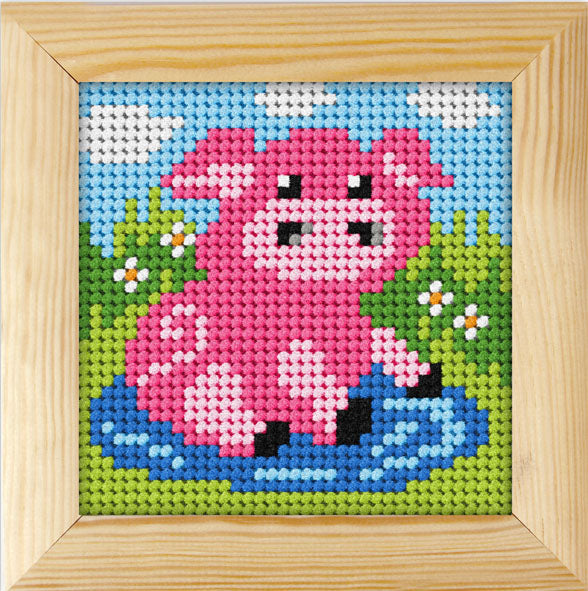 Orchidea needlepoint kit with a pig design in a wooden frame