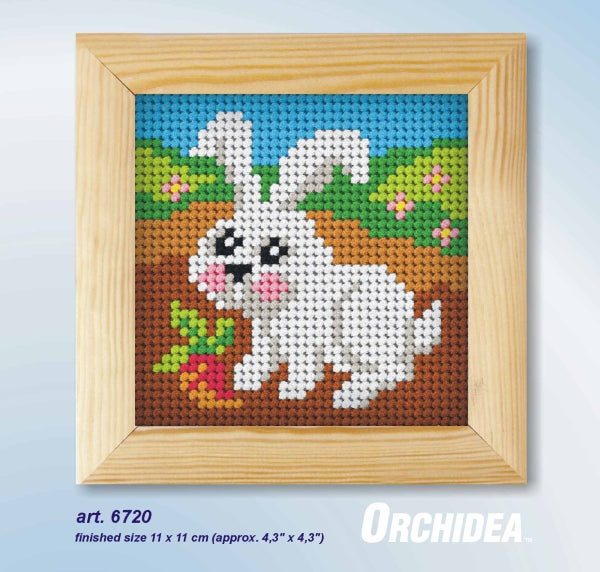 Orchidea needlepoint kit with a rabbit design in a wooden frame