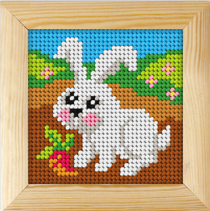 Orchidea needlepoint kit with a rabbit design in a wooden frame