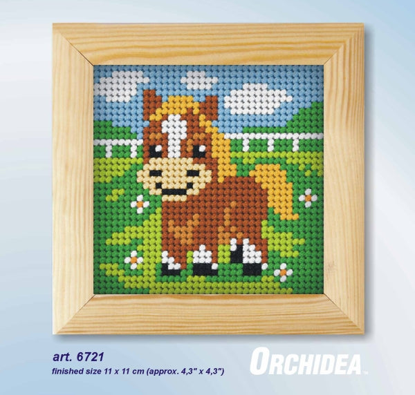 Orchidea needlepoint kit with a pony design in a wooden frame
