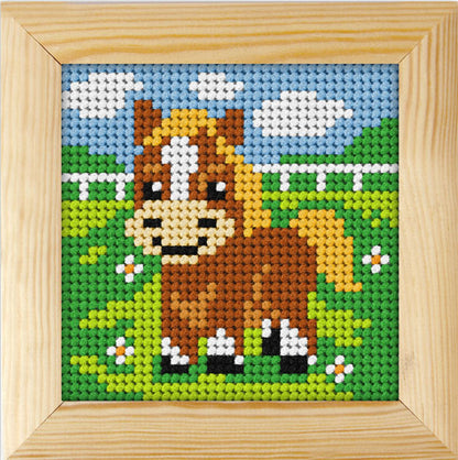 Orchidea needlepoint kit with a pony design in a wooden frame
