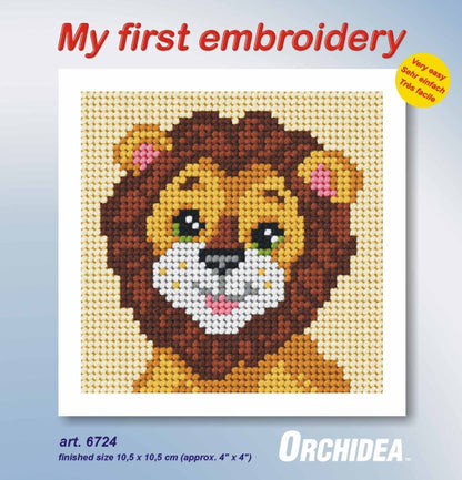 Orchidea mini needlepoint kit showing a lion design in a wooden frame