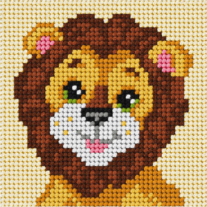 Orchidea mini needlepoint kit showing a lion design in a wooden frame