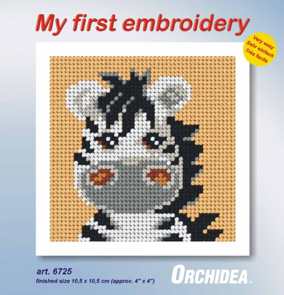 Orchidea mini needlepoint kit showing a zebra design in a wooden frame