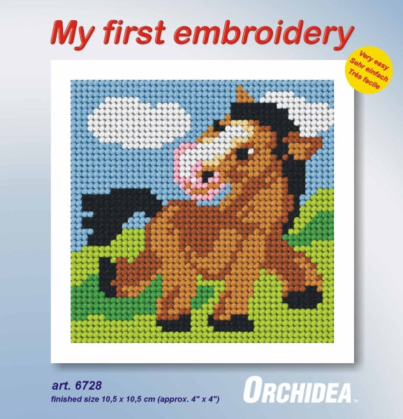 Orchidea mini needlepoint kit showing a pony design in a wooden frame