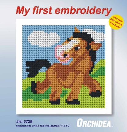 Orchidea mini needlepoint kit showing a pony design in a wooden frame