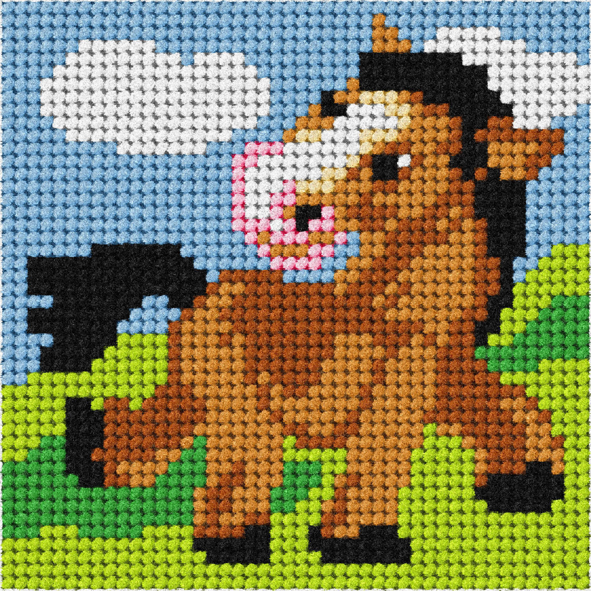 Orchidea mini needlepoint kit showing a pony design in a wooden frame