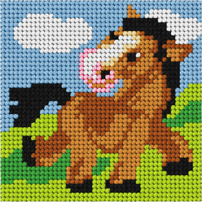 Orchidea mini needlepoint kit showing a pony design in a wooden frame