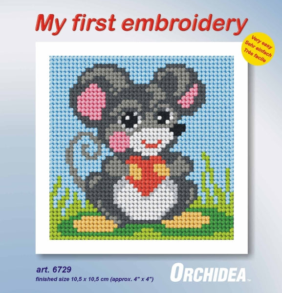 Orchidea mini needlepoint kit showing a mouse design in a wooden frame