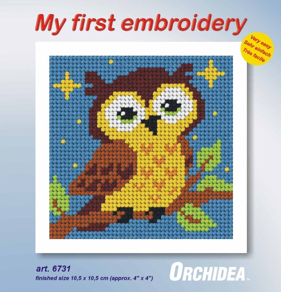 Orchidea mini needlepoint kit showing a owl design in a wooden frame