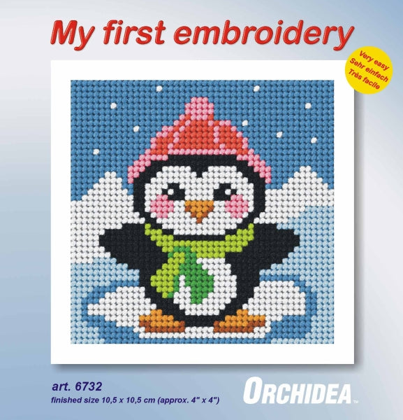 Orchidea mini needlepoint kit showing a penguin design in a wooden frame