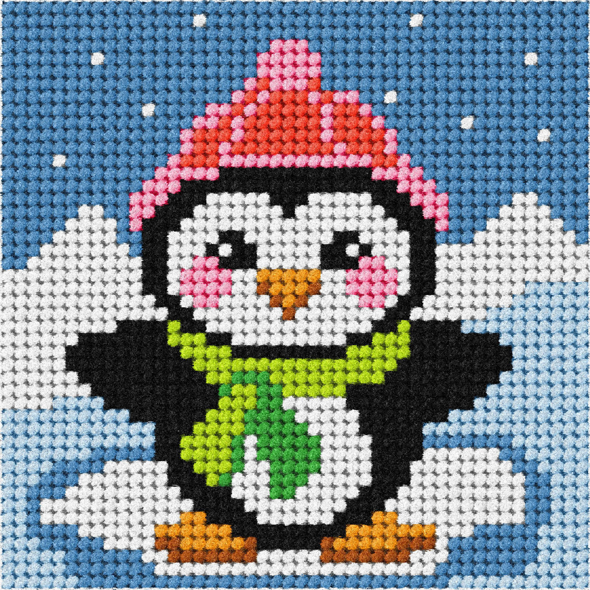 Orchidea mini needlepoint kit showing a penguin design in a wooden frame