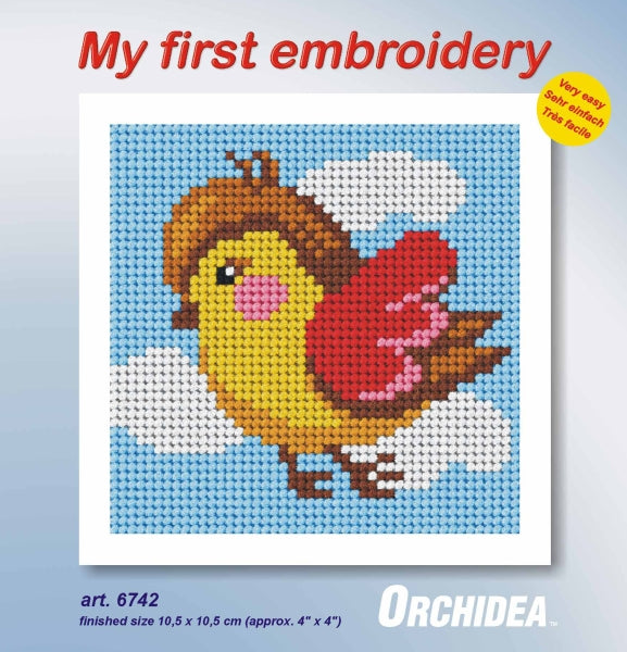 Orchidea mini needlepoint kit showing a bird design in a wooden frame