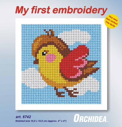 Orchidea mini needlepoint kit showing a bird design in a wooden frame