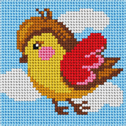 Orchidea mini needlepoint kit showing a bird design in a wooden frame
