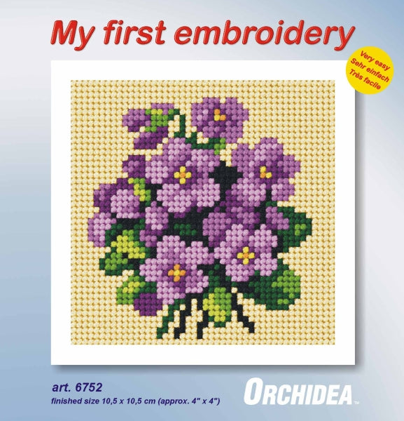 Orchidea mini needlepoint kit showing a violets design in a wooden frame
